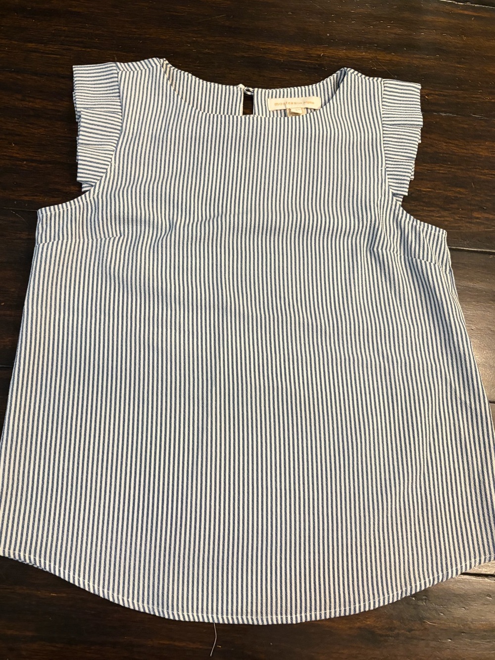 Monteau Blue White Striped Short Sleeve Ruffled Blouse size Small